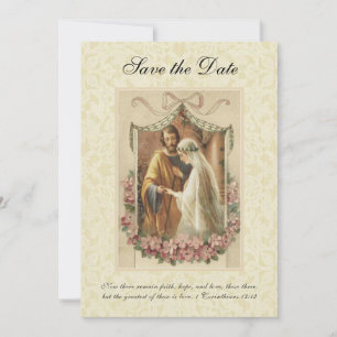 Save The Date Vintage Mariage catholique cerise fleurit religieu