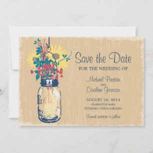 Save The Date Vintage Mason Jar et Mariage Fleur sauvage