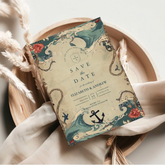 Save The Date Vintage Nautical Waves & Rope Wedding