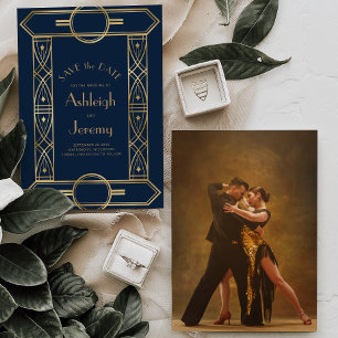 Save The Date Vintage or Déco Cadre Marine Blue Photo Mariage