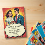 Save The Date Vintage Retro Romantic Couple Comic Style Mariage<br><div class="desc">Cette élégante bande dessinée style livre enregistrer l'invitation date est parfait pour un mariage moderne. Le design rétro présente une illustration vintage de mariée et de mariée et une calligraphie noire sur un arrière - plan à thème de bande dessinée.</div>