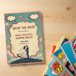 Save The Date Vintage Retro Romantic Couple Comique Mariage de l<br><div class="desc">Cette élégante bande dessinée style livre enregistrer l'invitation date est parfait pour un mariage moderne. Le design rétro présente une illustration vintage de mariée et de mariée et une calligraphie noire sur un arrière - plan à thème de bande dessinée.</div>