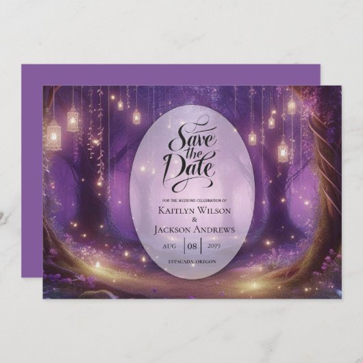 Save The Date Violet à minuit Mariage de forêt enchantée (Devant / Derrière)