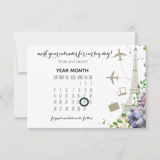 Save The Date Violet Floral et Voyage Mariage à thème (Devant)