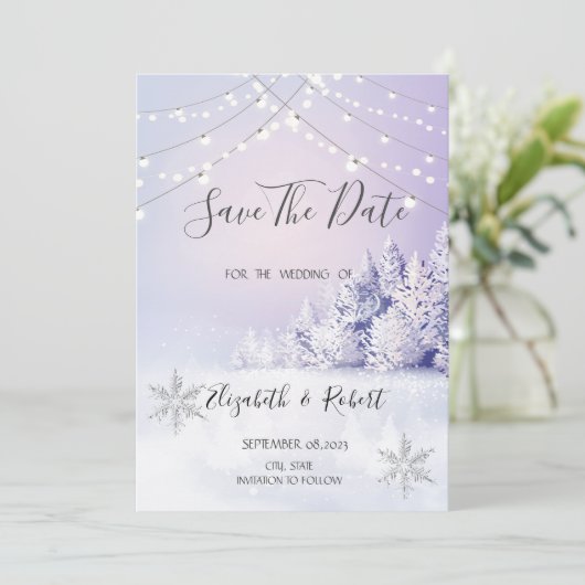 Save The Date Violet Hiver Forêt Lumières De Neige Enregistrer L (Debout devant)