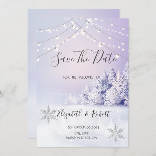 Save The Date Violet Hiver Forêt Lumières De Neige Enregistrer L (Devant / Derrière)