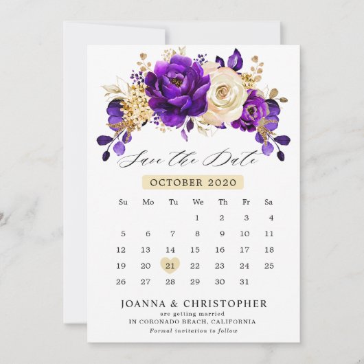 Save The Date Violet Or Royal Pourpre Or Calendrier Sauvegarder (Devant)