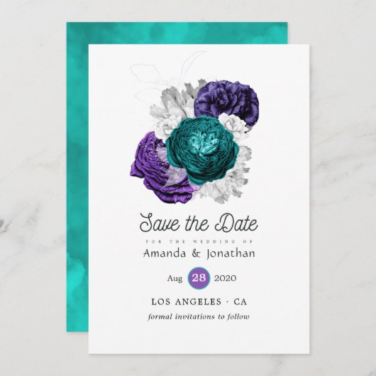 Save The Date Violet rustique et Mariage floral turquoise (Devant / Derrière)