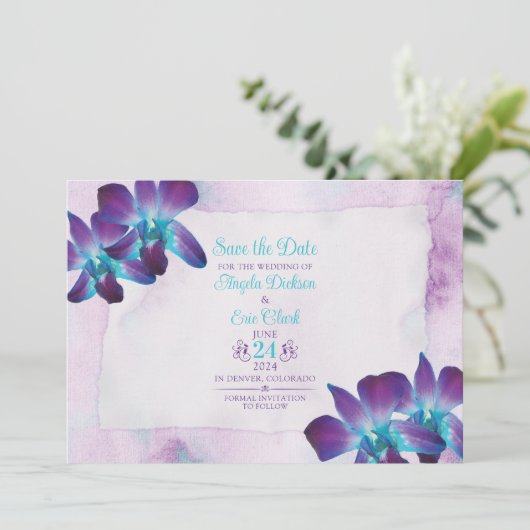 Save The Date Violet Turquoise Bleu Dendrobium Mariage orchidée (Debout devant)
