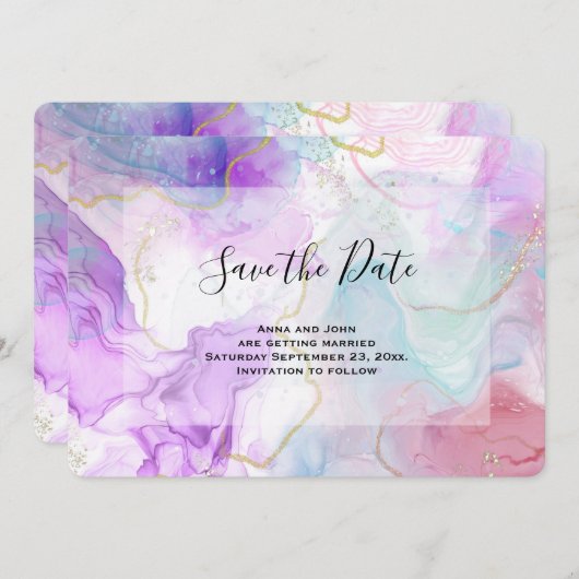 Save The Date Violet, Vert, Rose Couleurs Fleurs Mariage élégant (Devant / Derrière)