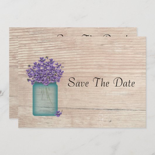 Save The Date Violettes Mason Bleu Jar Enregistrer La Date (Devant / Derrière)