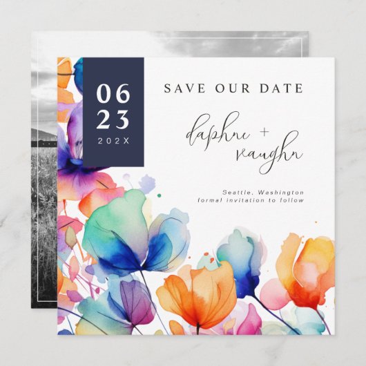 Save The Date Vivid Aquarelle Fleurs & Photo Enregistrer La Date (Devant / Derrière)