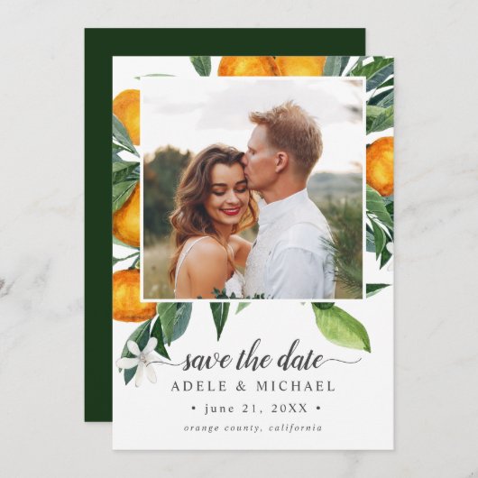 Save The Date Vivid Tangerine Orange Bouquet photo enregistrer l (Devant / Derrière)