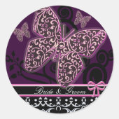 Save the Date Vlinders Swirls Roze Zwart & Wit Ronde Sticker (Voorkant)