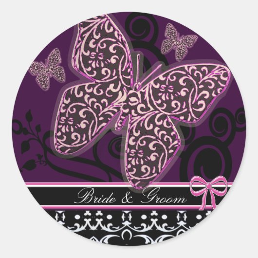 Save the Date Vlinders Swirls Roze Zwart & Wit Ronde Sticker (Voorkant)