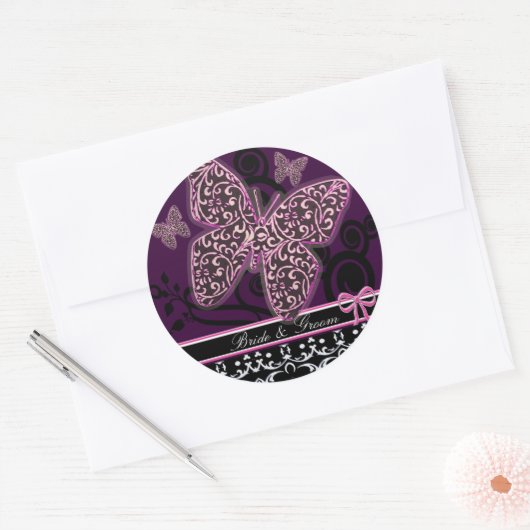 Save the Date Vlinders Swirls Roze Zwart & Wit Ronde Sticker (Envelop)