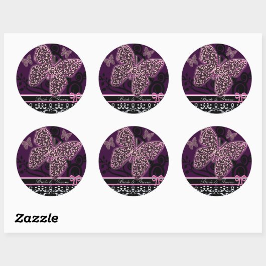 Save the Date Vlinders Swirls Roze Zwart & Wit Ronde Sticker (Vel)