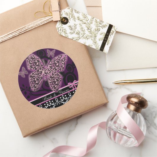 Save the Date Vlinders Swirls Roze Zwart & Wit Ronde Sticker (Geschenken)