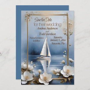 Save The Date Voilier nautique avec cadre de fleurs mariage