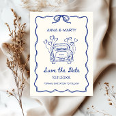 Save The Date Voiture de mariage à arc unique bleu dessiné à la