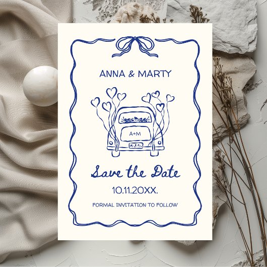 Save The Date Voiture de mariage à arc unique bleu dessiné à la
