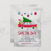 Save The Date Voiture rouge rétro portant un arbre de Noël (Devant / Derrière)