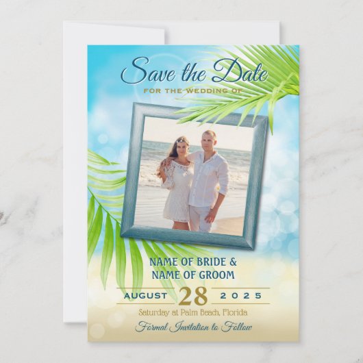 Save The Date Votre Photo Plage Mariage Palm Tropical Feuilles (Devant)