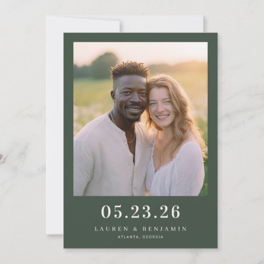 Save The Date Warm Dark Green Candid Photo (Devant)