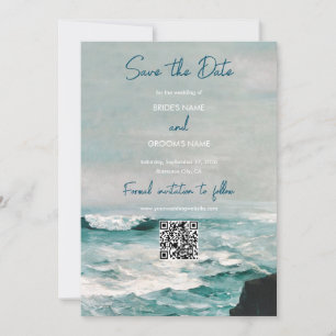 Save The Date Watercolor Beach Ocean Monogramme Mariage QR Code