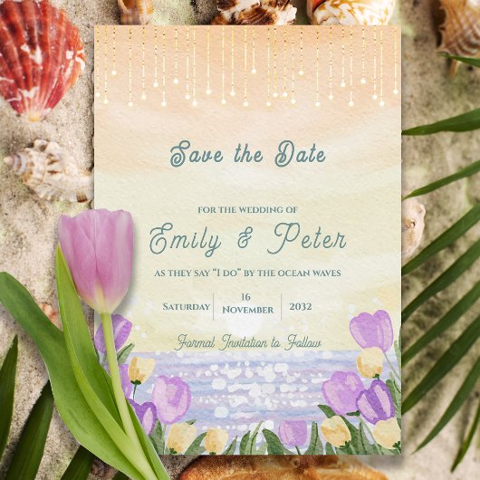 Save The Date Watercolor Beach Romantic Ocean Waves Wedding