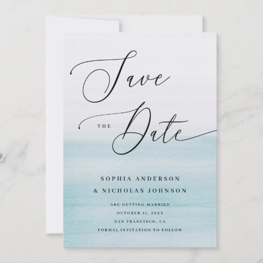 Save The Date Watercolor Blue Coastal Wedding | Romantic Beach (Devant)