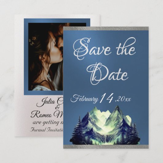 Save The Date Watercolor Mountains 2 Blue 2 (Devant / Derrière)