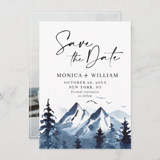 Save The Date Watercolor Mountains Forest Mariage Photo (Devant / Derrière)