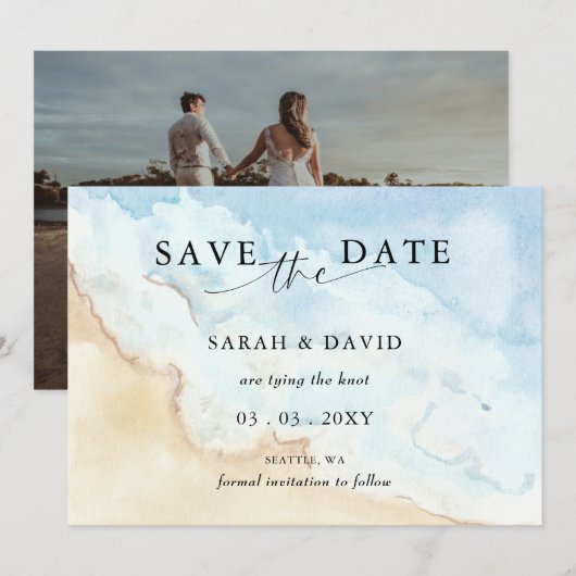 Save The Date Watercolor Ocean Sea Summer Beach Photo (Devant / Derrière)