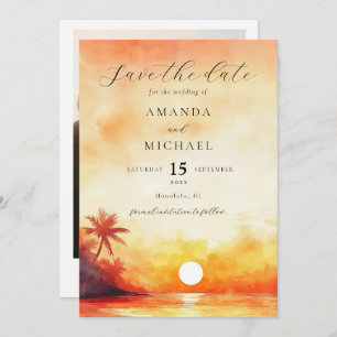 Save The Date Watercolor Orange Beach Sunset Mariage photo