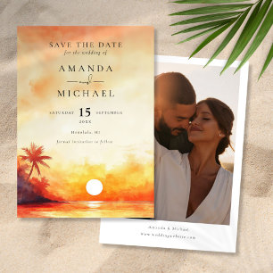 Save The Date Watercolor Orange Beach Sunset Mariage photo