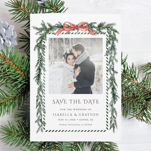 Save The Date Watercolor Pine Garland Wedding Photo