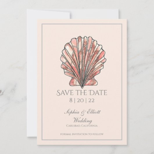 Save The Date Watercolor Seashell Beach Wedding (Devant)