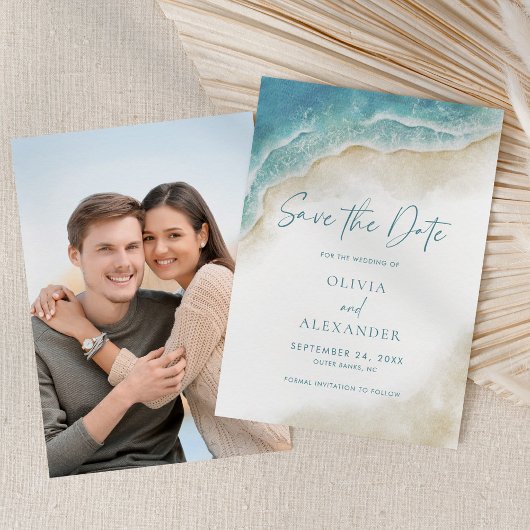 Save The Date Watercolor Summer Ocean Beach Wedding Photo