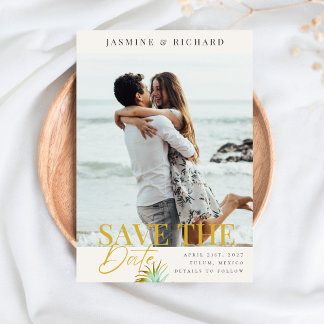 Save The Date Watercolor Tropical Palm Destination Wedding Photo