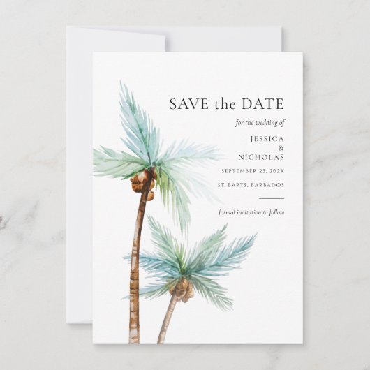 Save The Date Watercolor Tropical Trees Wedding (Devant)