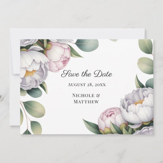 Save The Date Watercolor White Peonies Wedding (Devant)