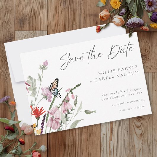 Save The Date Watercolor Wildflower Butterfly Modern Wedding