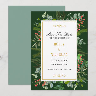 Save The Date Watercolor Winter Holiday Berries Script