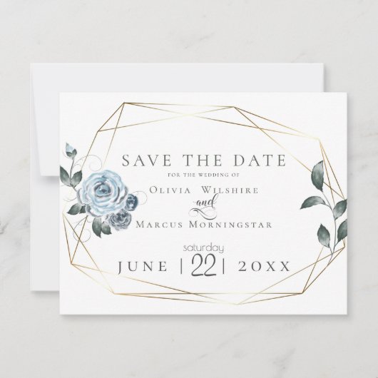 Save the date | Waterverf Dusty Blue Floral (Voorkant)