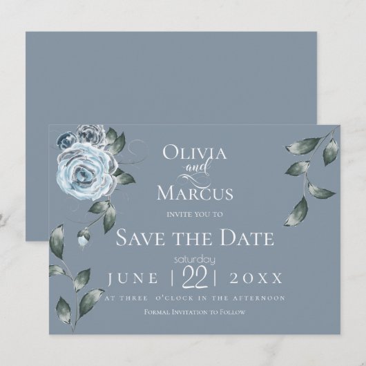 Save the date | Waterverf Dusty Blue Floral Kaart (Voorkant / Achterkant)