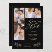 Save The Date Wedding Black 3 Photos Collage Fancy Branches (Devant / Derrière)