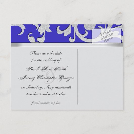 Save the Date Wedding Briefkaart Royal Blue Silver (Achterkant)