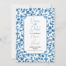 Save The Date Wedding Chintz Blauw & Wit Bloemen