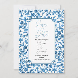 Save The Date Wedding Chintz Blauw & Wit Bloemen